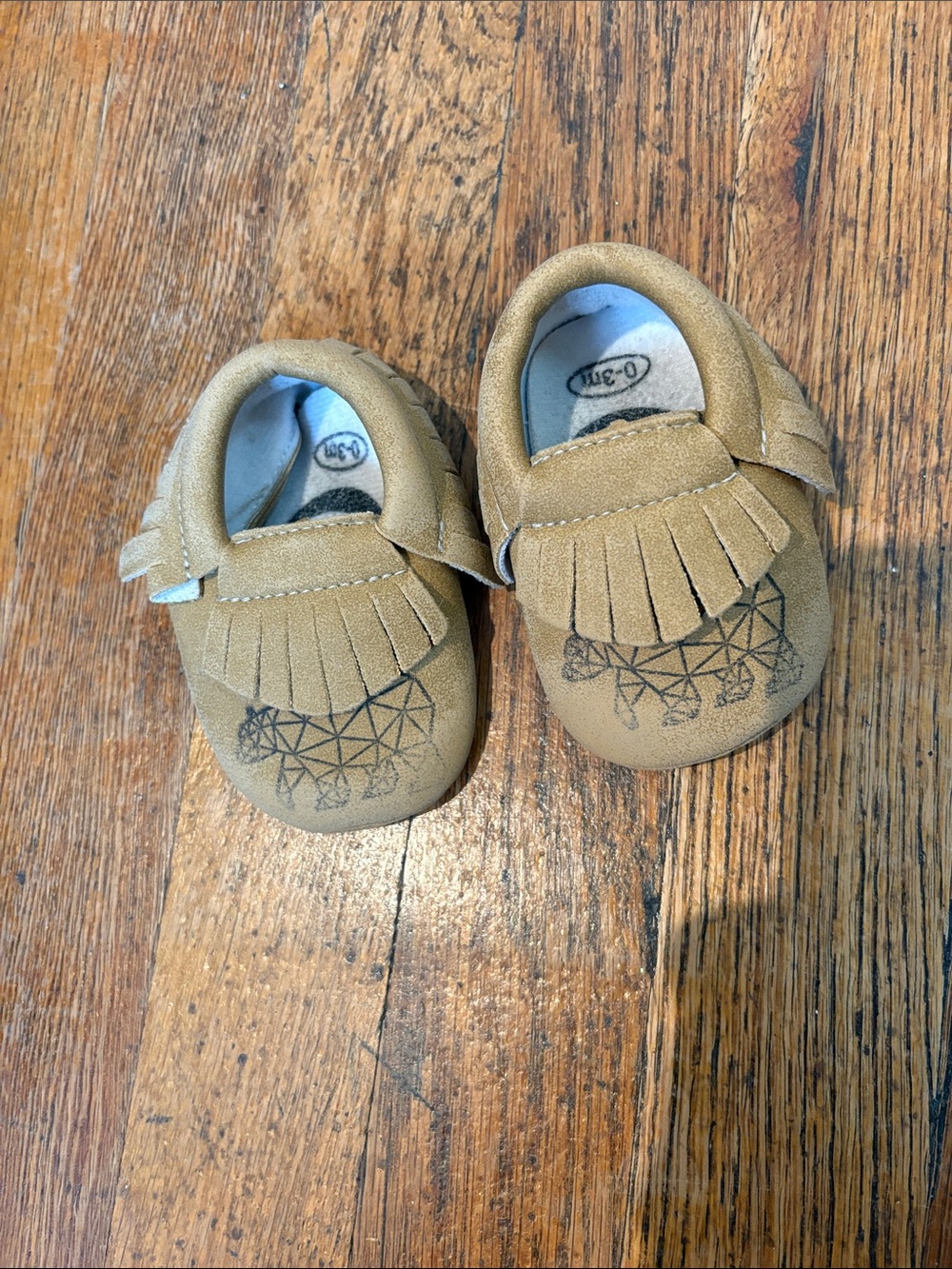 Moon baby Tan Baby Moccasins with Fringe and Geometric Bear